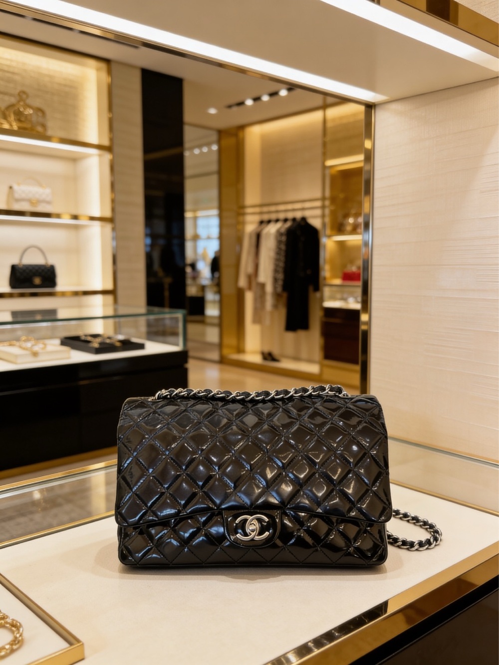 (SOLD) CHANEL Black Quilted Patent Leather Classic Maxi Double Flap Bag